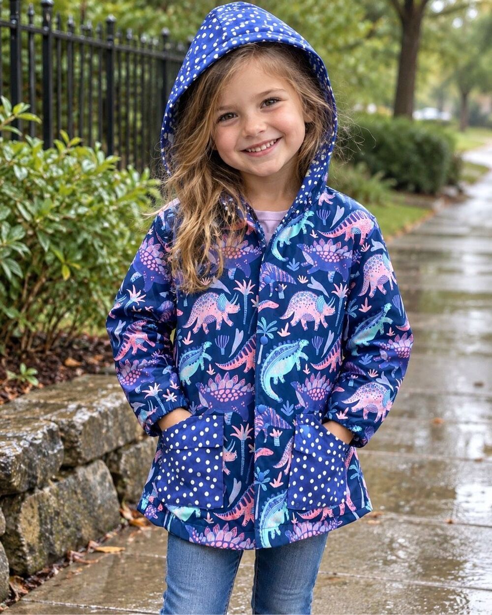 Millie Loves Lily Girls Size 6 Dinosaur Hooded Rain Jacket Navy Pink Blue